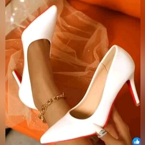 White Pointed-Toe Mid Stiletto Heels with Red Sole